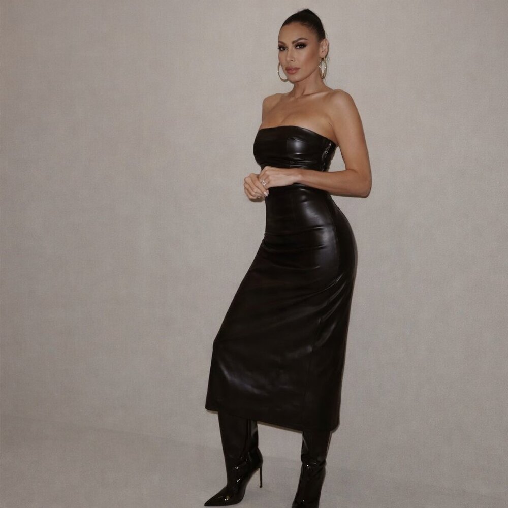 ZARA Faux Leather Strapless Midi Dress Back Slit Black Small #A1227